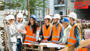 a group of construction workers listening to a project manager